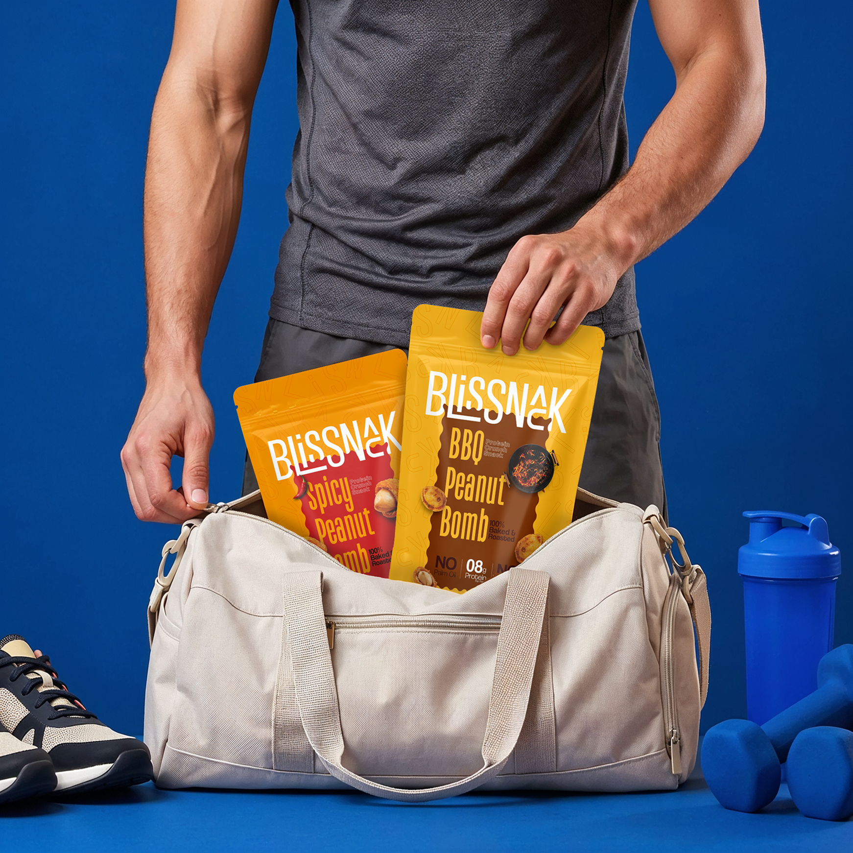 Athlete grabbing Blissnack peanut bombs from gym bag